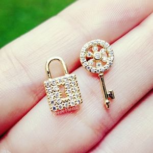 Gold Micro Pave Lock and Key Earrings